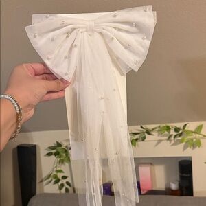 Elegant White Pearl-Accented Tulle Bow - bridal hair bow